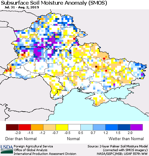 Ukraine, Moldova and Belarus Subsurface Soil Moisture Anomaly (SMOS) Thematic Map For 7/29/2019 - 8/4/2019