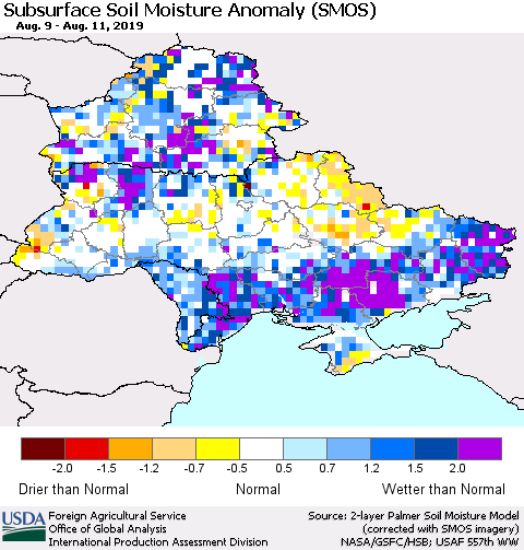 Ukraine, Moldova and Belarus Subsurface Soil Moisture Anomaly (SMOS) Thematic Map For 8/5/2019 - 8/11/2019