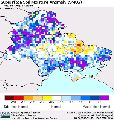 Ukraine, Moldova and Belarus Subsurface Soil Moisture Anomaly (SMOS) Thematic Map For 8/12/2019 - 8/18/2019
