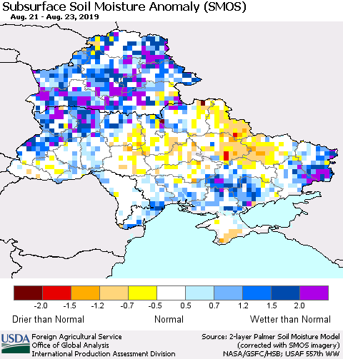 Ukraine, Moldova and Belarus Subsurface Soil Moisture Anomaly (SMOS) Thematic Map For 8/19/2019 - 8/25/2019