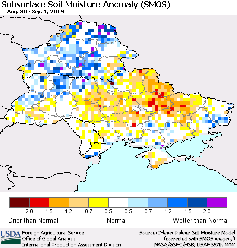Ukraine, Moldova and Belarus Subsurface Soil Moisture Anomaly (SMOS) Thematic Map For 8/26/2019 - 9/1/2019