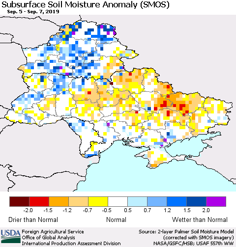 Ukraine, Moldova and Belarus Subsurface Soil Moisture Anomaly (SMOS) Thematic Map For 9/2/2019 - 9/8/2019