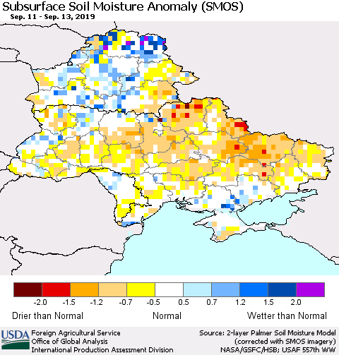 Ukraine, Moldova and Belarus Subsurface Soil Moisture Anomaly (SMOS) Thematic Map For 9/9/2019 - 9/15/2019