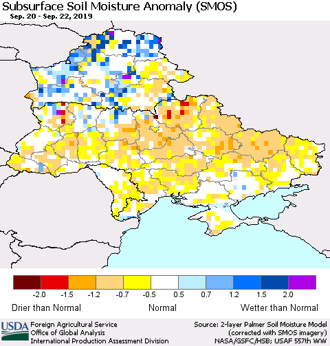 Ukraine, Moldova and Belarus Subsurface Soil Moisture Anomaly (SMOS) Thematic Map For 9/16/2019 - 9/22/2019