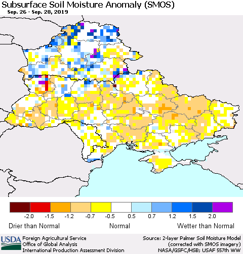 Ukraine, Moldova and Belarus Subsurface Soil Moisture Anomaly (SMOS) Thematic Map For 9/23/2019 - 9/29/2019