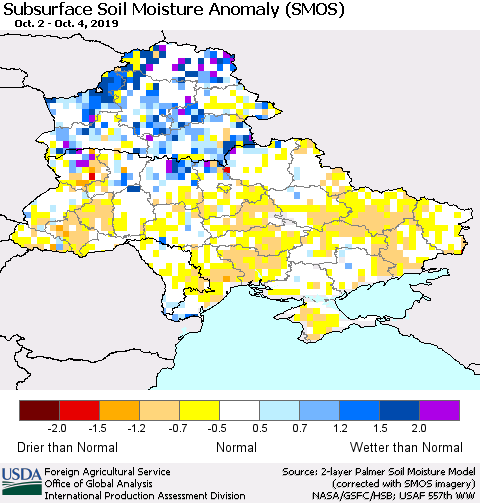 Ukraine, Moldova and Belarus Subsurface Soil Moisture Anomaly (SMOS) Thematic Map For 9/30/2019 - 10/6/2019