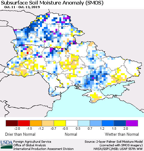 Ukraine, Moldova and Belarus Subsurface Soil Moisture Anomaly (SMOS) Thematic Map For 10/7/2019 - 10/13/2019