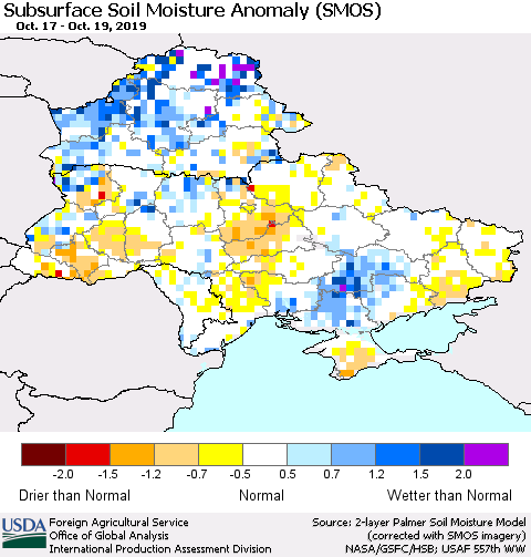 Ukraine, Moldova and Belarus Subsurface Soil Moisture Anomaly (SMOS) Thematic Map For 10/14/2019 - 10/20/2019