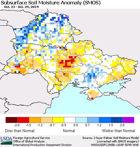 Ukraine, Moldova and Belarus Subsurface Soil Moisture Anomaly (SMOS) Thematic Map For 10/21/2019 - 10/27/2019