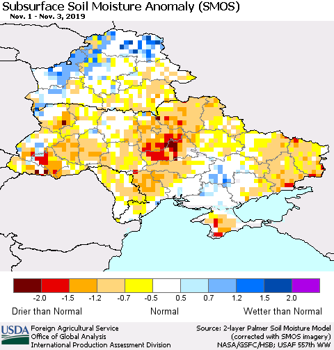 Ukraine, Moldova and Belarus Subsurface Soil Moisture Anomaly (SMOS) Thematic Map For 10/28/2019 - 11/3/2019