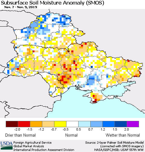 Ukraine, Moldova and Belarus Subsurface Soil Moisture Anomaly (SMOS) Thematic Map For 11/4/2019 - 11/10/2019