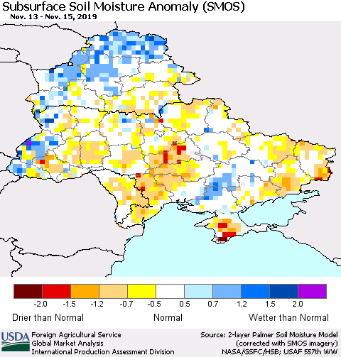 Ukraine, Moldova and Belarus Subsurface Soil Moisture Anomaly (SMOS) Thematic Map For 11/11/2019 - 11/17/2019