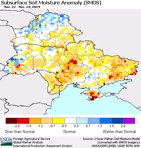 Ukraine, Moldova and Belarus Subsurface Soil Moisture Anomaly (SMOS) Thematic Map For 11/18/2019 - 11/24/2019