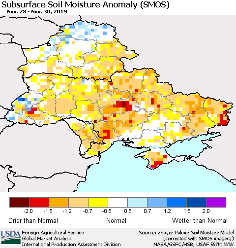 Ukraine, Moldova and Belarus Subsurface Soil Moisture Anomaly (SMOS) Thematic Map For 11/25/2019 - 12/1/2019