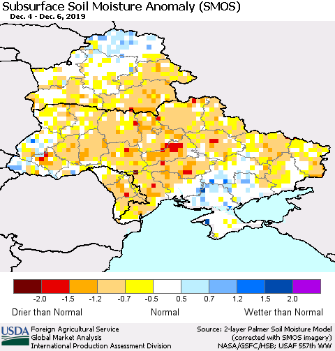 Ukraine, Moldova and Belarus Subsurface Soil Moisture Anomaly (SMOS) Thematic Map For 12/2/2019 - 12/8/2019