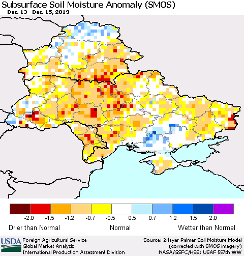 Ukraine, Moldova and Belarus Subsurface Soil Moisture Anomaly (SMOS) Thematic Map For 12/9/2019 - 12/15/2019