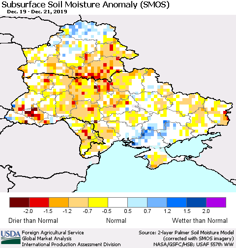Ukraine, Moldova and Belarus Subsurface Soil Moisture Anomaly (SMOS) Thematic Map For 12/16/2019 - 12/22/2019
