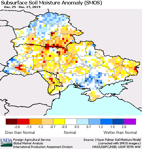 Ukraine, Moldova and Belarus Subsurface Soil Moisture Anomaly (SMOS) Thematic Map For 12/23/2019 - 12/29/2019