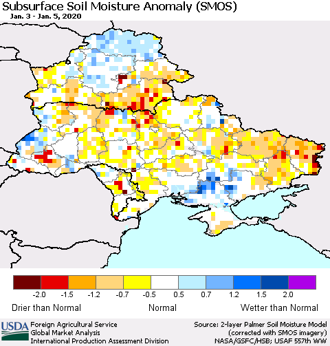 Ukraine, Moldova and Belarus Subsurface Soil Moisture Anomaly (SMOS) Thematic Map For 12/30/2019 - 1/5/2020