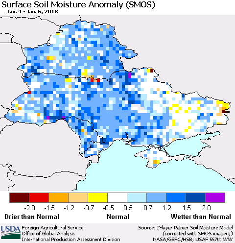 Ukraine, Moldova and Belarus Surface Soil Moisture Anomaly (SMOS) Thematic Map For 1/1/2018 - 1/7/2018