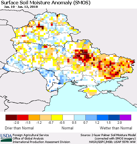 Ukraine, Moldova and Belarus Surface Soil Moisture Anomaly (SMOS) Thematic Map For 1/8/2018 - 1/14/2018