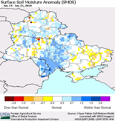 Ukraine, Moldova and Belarus Surface Soil Moisture Anomaly (SMOS) Thematic Map For 1/15/2018 - 1/21/2018