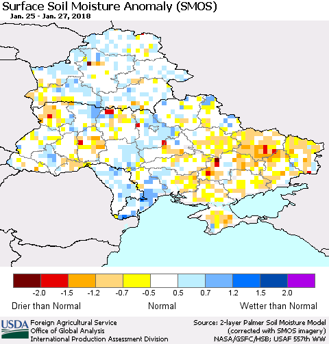 Ukraine, Moldova and Belarus Surface Soil Moisture Anomaly (SMOS) Thematic Map For 1/22/2018 - 1/28/2018
