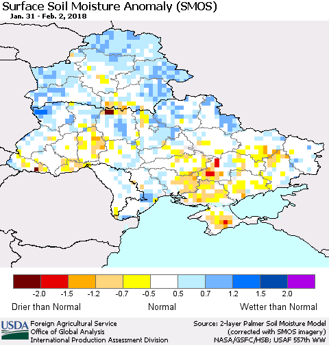 Ukraine, Moldova and Belarus Surface Soil Moisture Anomaly (SMOS) Thematic Map For 1/29/2018 - 2/4/2018