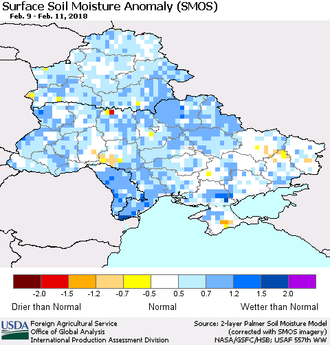 Ukraine, Moldova and Belarus Surface Soil Moisture Anomaly (SMOS) Thematic Map For 2/5/2018 - 2/11/2018