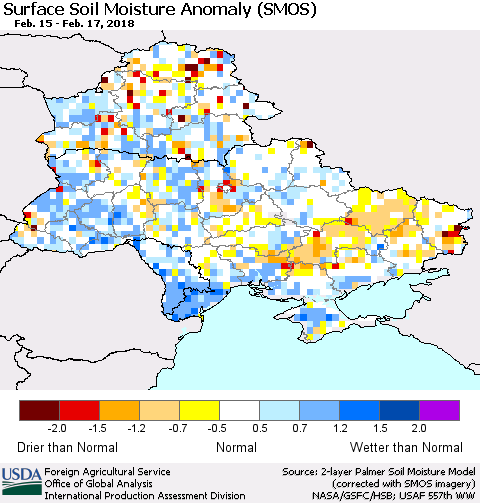Ukraine, Moldova and Belarus Surface Soil Moisture Anomaly (SMOS) Thematic Map For 2/12/2018 - 2/18/2018