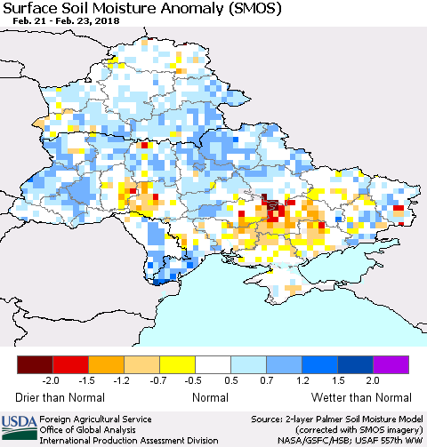 Ukraine, Moldova and Belarus Surface Soil Moisture Anomaly (SMOS) Thematic Map For 2/19/2018 - 2/25/2018