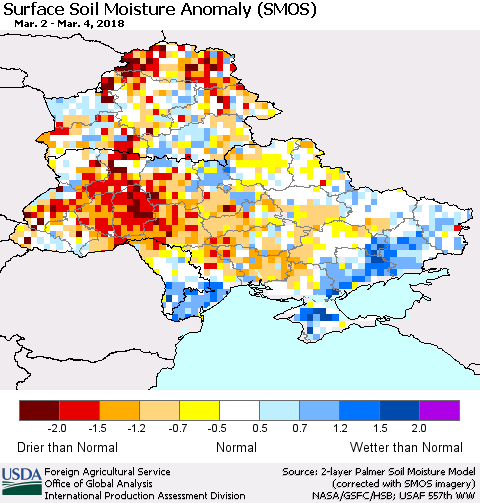 Ukraine, Moldova and Belarus Surface Soil Moisture Anomaly (SMOS) Thematic Map For 2/26/2018 - 3/4/2018