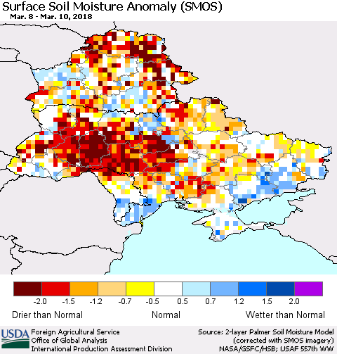Ukraine, Moldova and Belarus Surface Soil Moisture Anomaly (SMOS) Thematic Map For 3/5/2018 - 3/11/2018