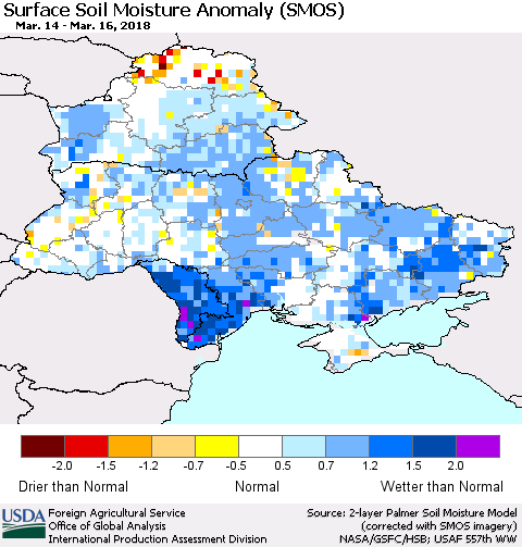 Ukraine, Moldova and Belarus Surface Soil Moisture Anomaly (SMOS) Thematic Map For 3/12/2018 - 3/18/2018