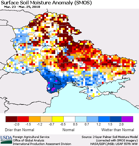 Ukraine, Moldova and Belarus Surface Soil Moisture Anomaly (SMOS) Thematic Map For 3/19/2018 - 3/25/2018