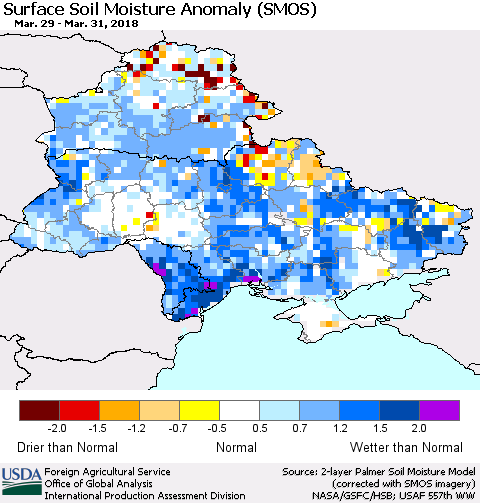 Ukraine, Moldova and Belarus Surface Soil Moisture Anomaly (SMOS) Thematic Map For 3/26/2018 - 4/1/2018