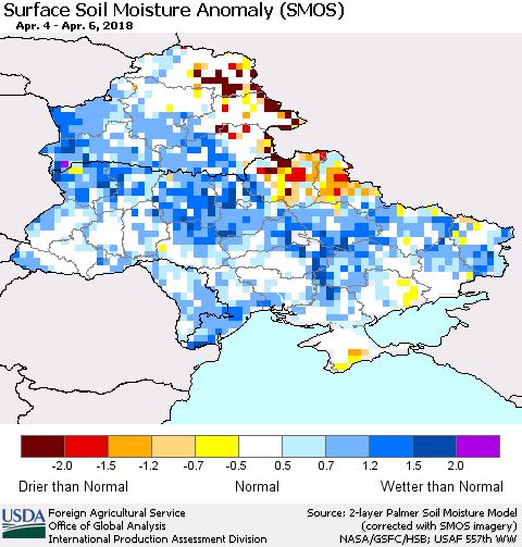 Ukraine, Moldova and Belarus Surface Soil Moisture Anomaly (SMOS) Thematic Map For 4/2/2018 - 4/8/2018