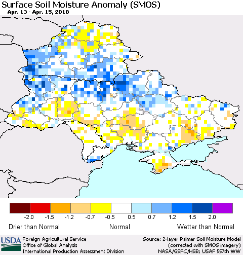 Ukraine, Moldova and Belarus Surface Soil Moisture Anomaly (SMOS) Thematic Map For 4/9/2018 - 4/15/2018