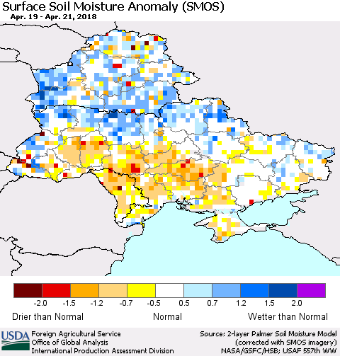 Ukraine, Moldova and Belarus Surface Soil Moisture Anomaly (SMOS) Thematic Map For 4/16/2018 - 4/22/2018