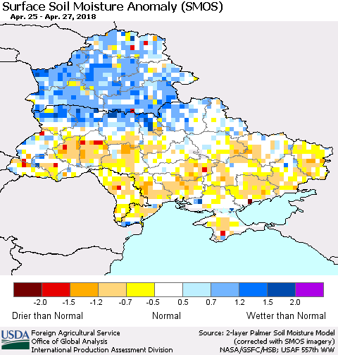 Ukraine, Moldova and Belarus Surface Soil Moisture Anomaly (SMOS) Thematic Map For 4/23/2018 - 4/29/2018