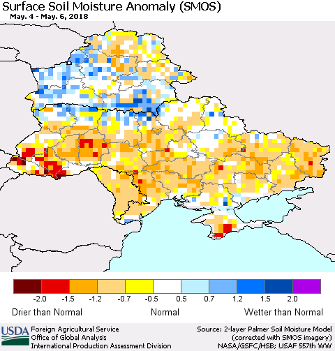 Ukraine, Moldova and Belarus Surface Soil Moisture Anomaly (SMOS) Thematic Map For 4/30/2018 - 5/6/2018