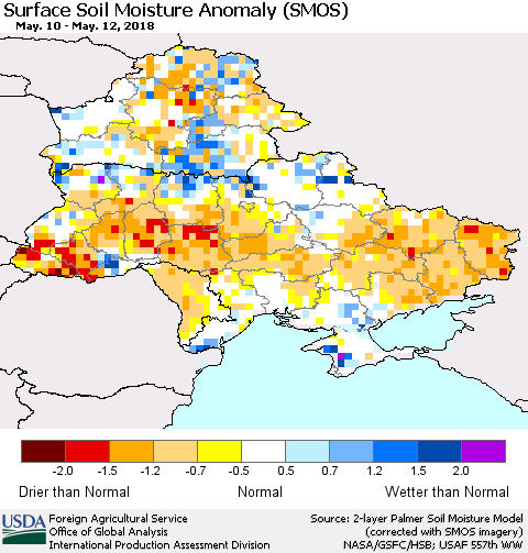 Ukraine, Moldova and Belarus Surface Soil Moisture Anomaly (SMOS) Thematic Map For 5/7/2018 - 5/13/2018