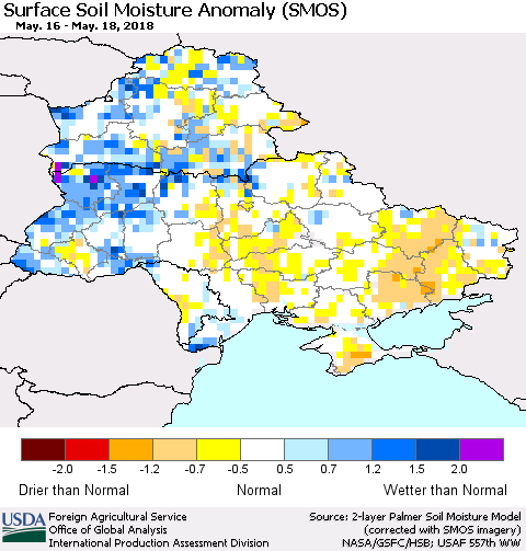 Ukraine, Moldova and Belarus Surface Soil Moisture Anomaly (SMOS) Thematic Map For 5/14/2018 - 5/20/2018
