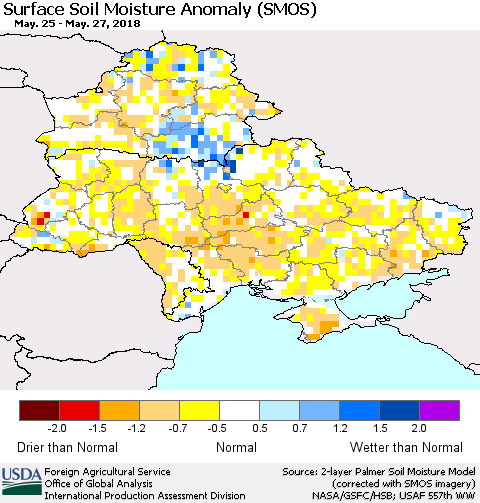 Ukraine, Moldova and Belarus Surface Soil Moisture Anomaly (SMOS) Thematic Map For 5/21/2018 - 5/27/2018