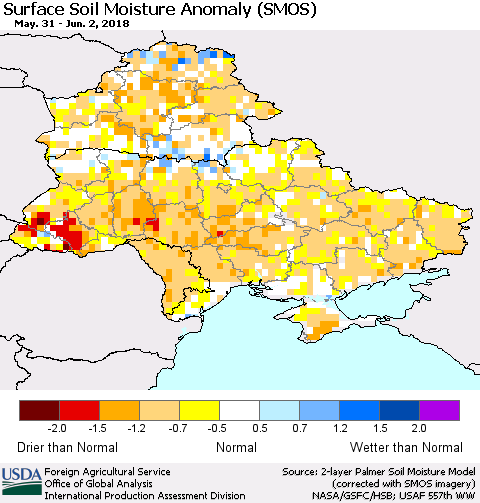 Ukraine, Moldova and Belarus Surface Soil Moisture Anomaly (SMOS) Thematic Map For 5/28/2018 - 6/3/2018