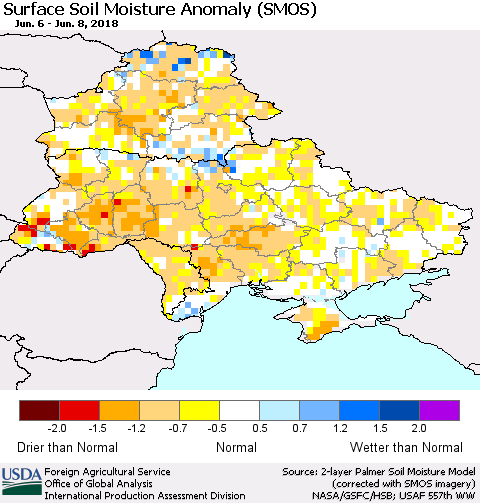 Ukraine, Moldova and Belarus Surface Soil Moisture Anomaly (SMOS) Thematic Map For 6/4/2018 - 6/10/2018