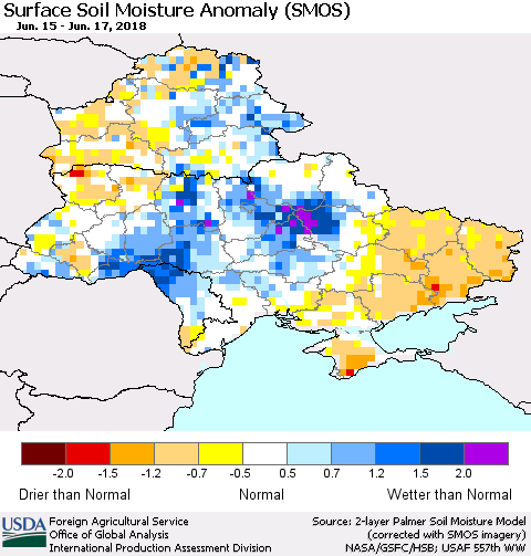 Ukraine, Moldova and Belarus Surface Soil Moisture Anomaly (SMOS) Thematic Map For 6/11/2018 - 6/17/2018