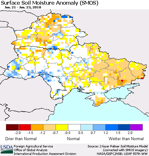 Ukraine, Moldova and Belarus Surface Soil Moisture Anomaly (SMOS) Thematic Map For 6/18/2018 - 6/24/2018