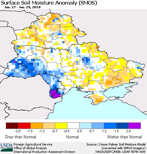 Ukraine, Moldova and Belarus Surface Soil Moisture Anomaly (SMOS) Thematic Map For 6/25/2018 - 7/1/2018