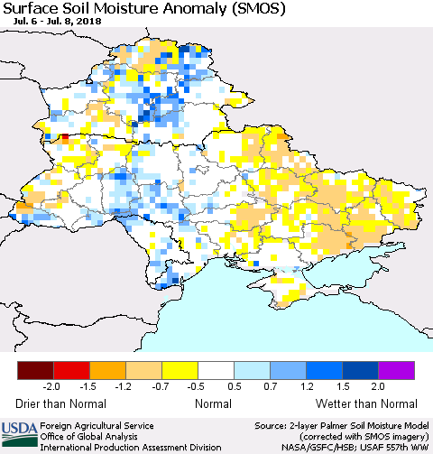 Ukraine, Moldova and Belarus Surface Soil Moisture Anomaly (SMOS) Thematic Map For 7/2/2018 - 7/8/2018